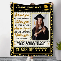 Customized Behind You All Your Memories Blanket, University Graduation Gifts For Her 2023, Graduation Blanket With Picture