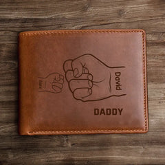 Personalized Hands Clenched Custom Father & Kid Names Gift for Dad Laser Leather Wallet