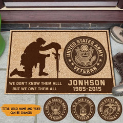 Personalized US Army Veteran Custom Name & Time Doormat Printed