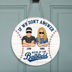 Custom Personalized Baseball Family Wooden Sign - Gift Idea For Baseball Lover/ Family with up to 2 Kids - If We Don't Answer, We're At The Ballfield