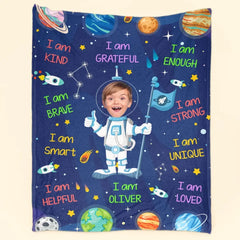 Kid Affirmations I Am Kind Smart Loved Astronaut - Personalized Photo Blanket