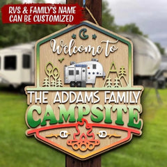 Welcome To The Campsite - Personalized Wooden Door Sign 2 Layers, Gift For Camper, Camping RV Decoration