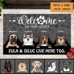 Welcome To Our House Custom Doormat, Gifts For Pet Lovers, Pet Peeking From Curtain Dark Front Door Mat