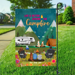 Custom Personalized Camping Flag Sign - Gift Idea For Family/Camping Lover - Couple/ Parents/ Single Parent With Up to 4 Kids And 4 Pets - Life Is Better Around The Campfire