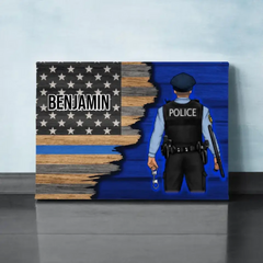 Personalized Canvas, Thin Line Blue American Flag, Gift For Police Officers