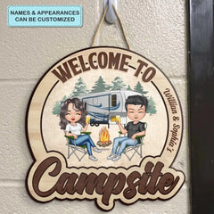 Welcome To Our Campsite - Personalized Custom Door Sign - Gift For Camping Lover, Camper, Couple