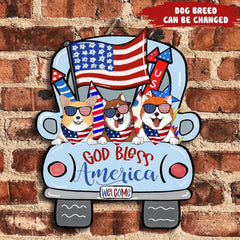 God Bless America - Personalized Wood Door sign, Happy Independence Day, 4th of July Decor, Gift For Dog Lover