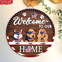 4th of July,Welcome to Our Home - Personalized 2 Layer Sign, American Flag Door Sign, Gift For Pet Lovers