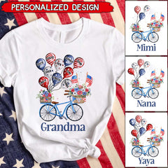 4th of July Grandma Auntie Mom Bike With Little Balloon Kids American Flag Pattern Personalized Shirt