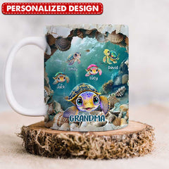 3D Sea Turtle Grandma Auntie Mom Kids Hole In A Wall Personalized Mug LPL20JUN24TP2