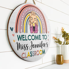 Rainbow Welcome To Teacher Classroom - Gift For Teachers, Classroom Door Sign - Personalized Custom Wood Circle Sign