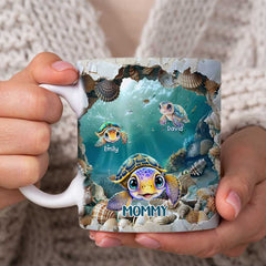 3D Sea Turtle Grandma Auntie Mom Kids Hole In A Wall Personalized Mug LPL20JUN24TP2