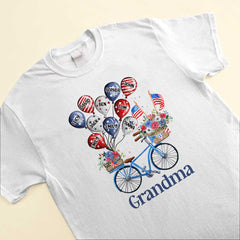 4th of July Grandma Auntie Mom Bike With Little Balloon Kids American Flag Pattern Personalized Shirt