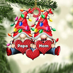 Colorful Christmas Light Gnome Couple Papa Mom Grandma Nana Daddy Loves Sweet Heart Kids Personalized Ornament