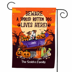 Personalized Garden Flag, Up To 8 Dogs, Beware Spoiled Rotten Dogs Live Here, Halloween Gifts for Dog Lovers