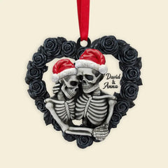 Black Rose Heart Shape - Personalized Skeleton Couple Flat Ornament, Christmas Tree Decor