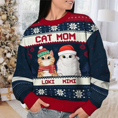 Merry Christmas, Cat Mom Cat Dad - Personalized Custom Unisex Ugly Christmas Sweatshirt, Wool Sweatshirt