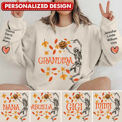 Personalized Grandma Dancing Skeleton With Grandkids Halloween Sweatshirt