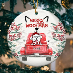 Merry Woofmas, Red Truck Circle Ceramic Ornament, Personalized Dog Breeds Ornament, Dog Lovers Gifts