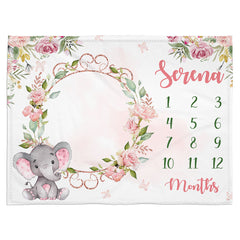 Rose Floral Wreath Woodland Elephant Baby Custom Name Milestone Blanket Baby Month Blanket For Baby