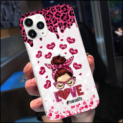 Pinky Leopard Messy Bun Love Grandma Mom Life Sweet Heart Kids Personalized Phone Case