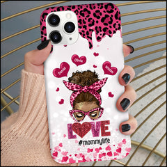 Pinky Leopard Messy Bun Love Grandma Mom Life Sweet Heart Kids Personalized Phone Case