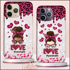 Pinky Leopard Messy Bun Love Grandma Mom Life Sweet Heart Kids Personalized Phone Case